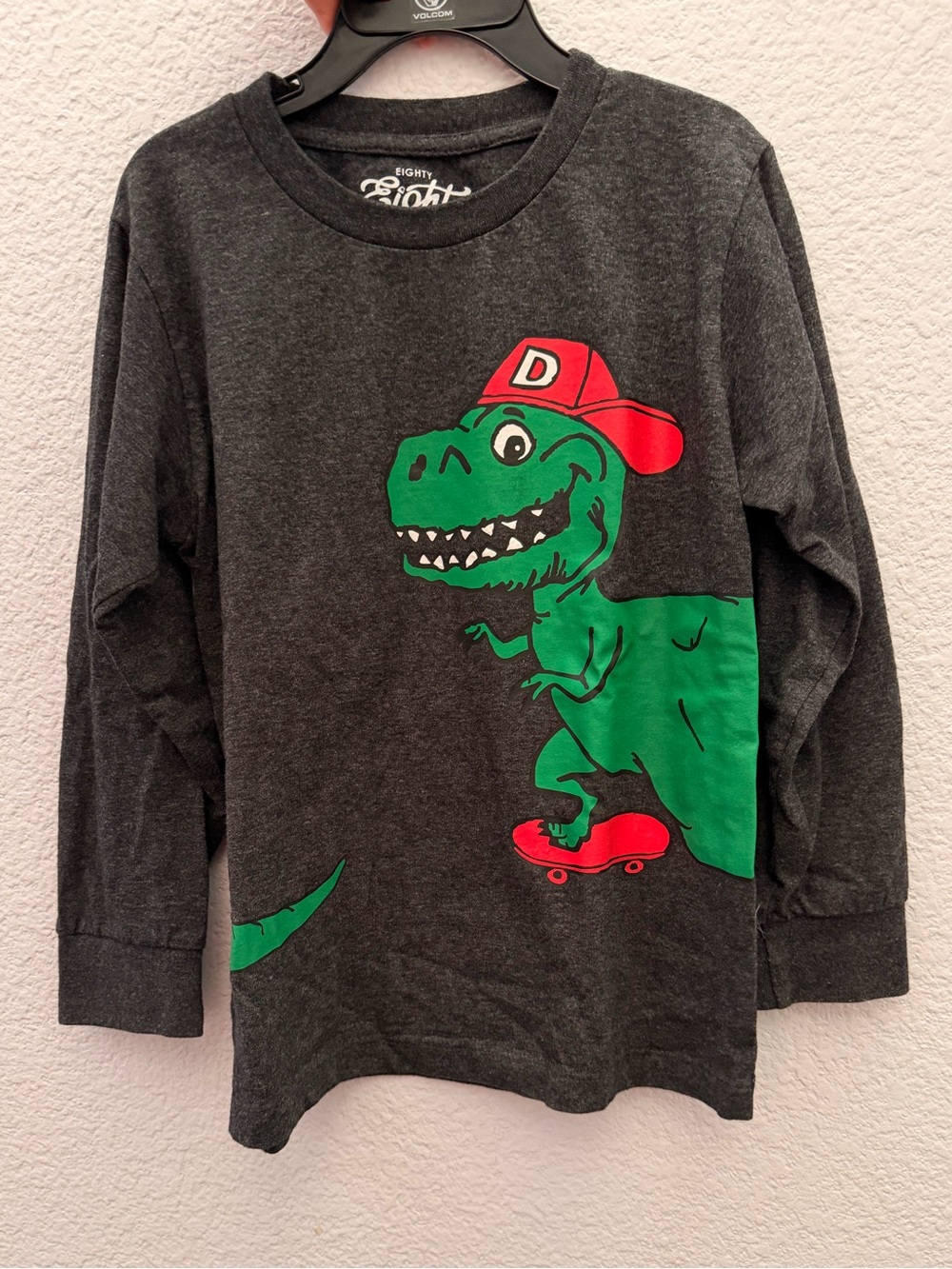 Dark Gray Long-Sleeve Tee with Green Dinosaur and Red Hat
